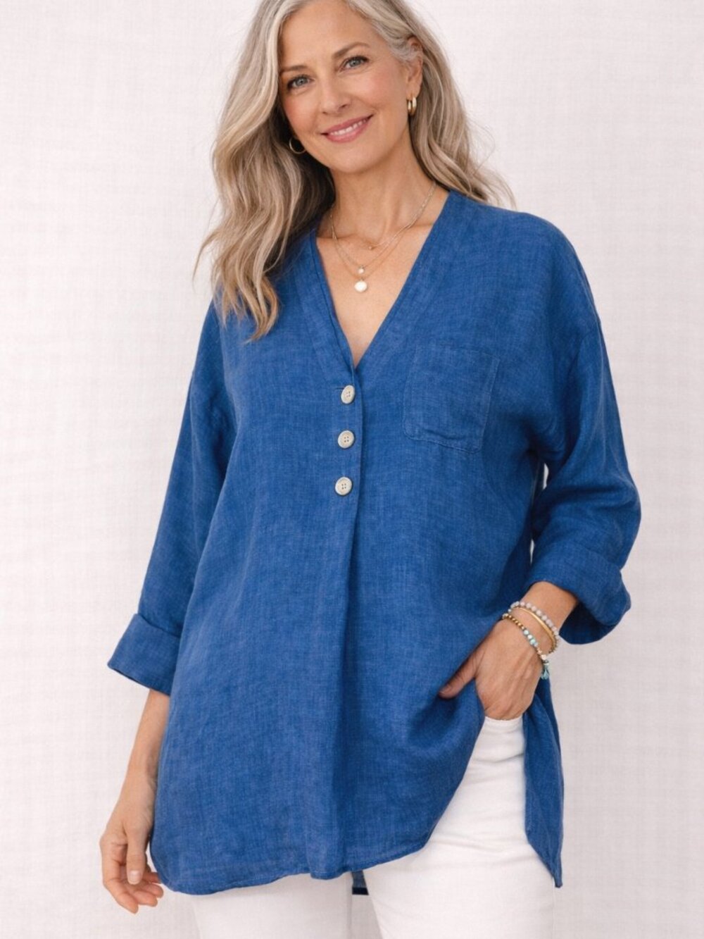 J Jill Pure Jill Linen Top Women Small Blue Tunic Popover Lagenlook Coastal